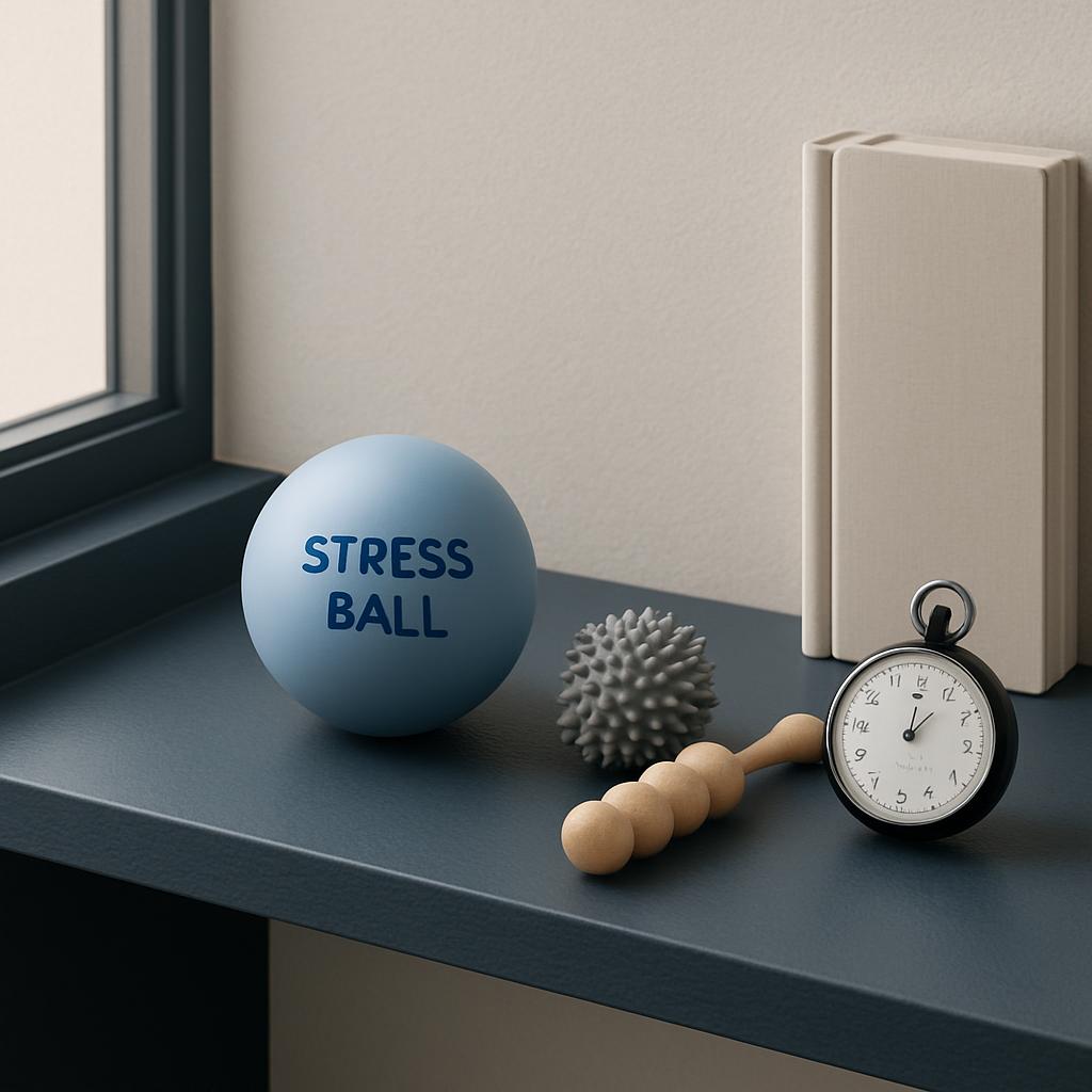 A blue spherical object with the words "STRESS BALL" on one side, accompanied by a spiky ball, a wooden massage tool, and ...